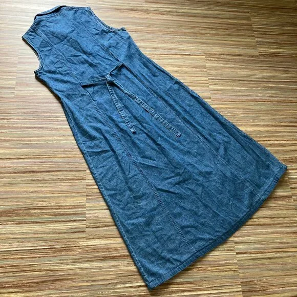 Jessica Sleeveless Denim Chambray Maxi Dress Button Front Embroidered Collar - Picture 2 of 10